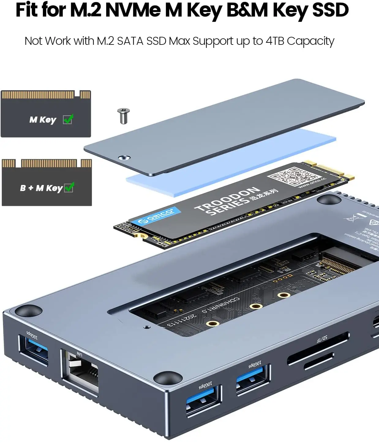M.2 SSD Enclosure 7 in 1 USB C HUB Type C 3.1 to M.2 NVME NGFF HDMI 4K60Hz USB 3.1 Gen2 10Gbps