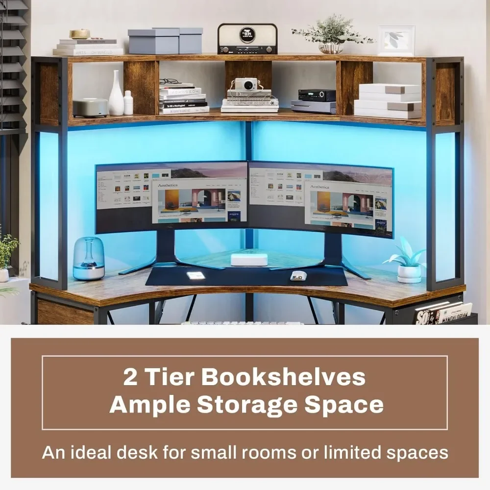 Small Computer Desk with Hutch & LED Lights, Triangle Corner Computer Desk with Keyboard Tray, Storage Bag 5