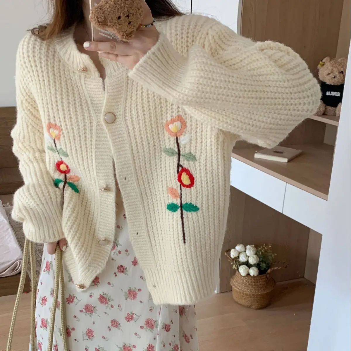 

Coarse Yarn Knit Cardigan Coat 2023 Autumn Winter Embroidered Thicken Sweater Korean Fashion Loose Single Breasted Streetwear