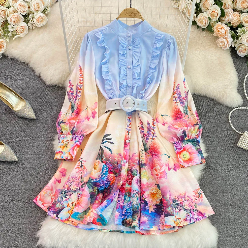 

Spring and Autumn Temperament Women Dress Stand-up Collar Single Breasted Lantern Sleeves Print Belt Slim Waist Dresses