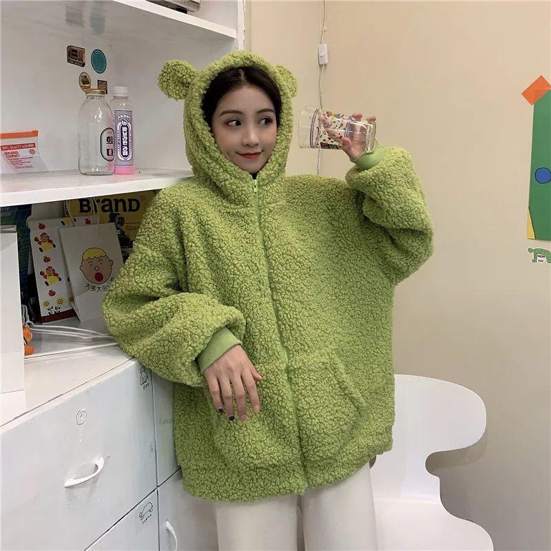 Lamb Wool Plush Long Sleeved Zippered Sweater Autumn and Winter New Loose and Cute Hooded Women Clothing