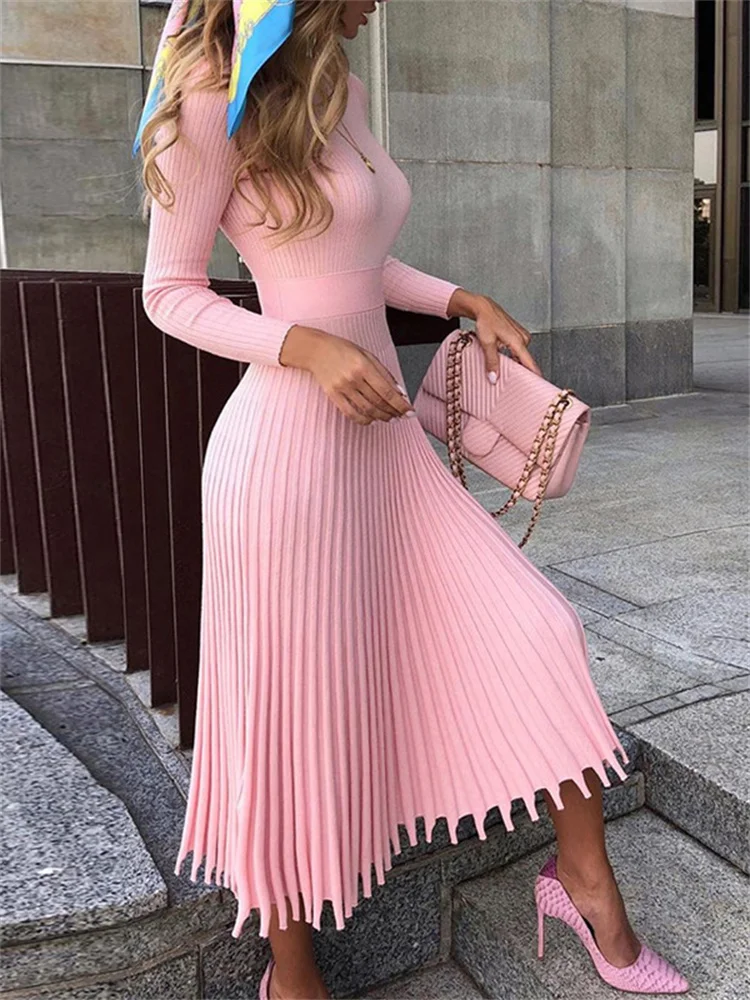 

Tossy Ribbed Pleated Knit Dress Women Loose Fashion Patchwork Long Sleeve Dress High Waist Knitwear Female Autumn Maxi Dress New