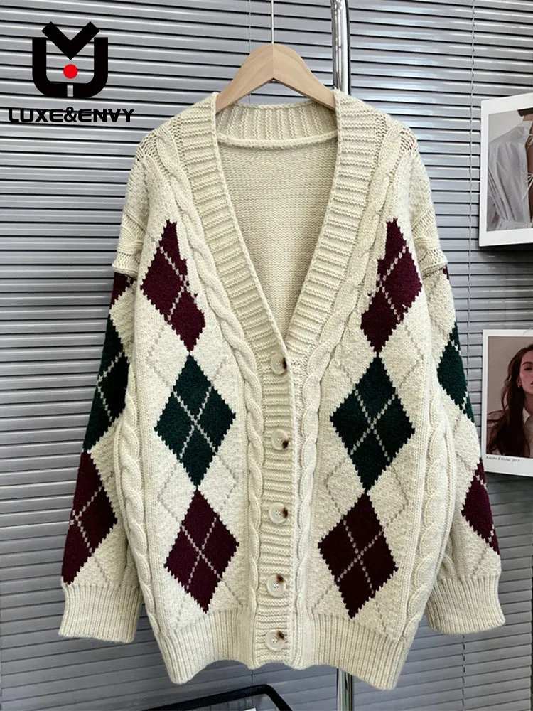 

LUXE&ENVY 2023 Autumn/Winter New Diamond Plaid Sweater Cardigan Coat Women's Design Feel Loose Lazy Outerwear Knitwear