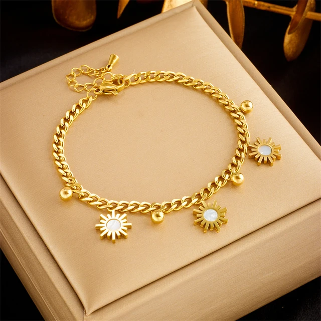 DIEYURO 316L Stainless Steel Gold Color Beads Sun Charm Bracelet For