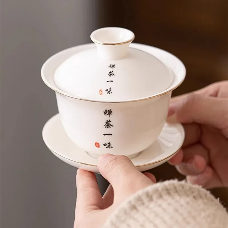 Sheep Fat Jade White Porcelain Covered Bowl, Single Kungfu Tea Bowl with Lid, Sancai Large Tea Cup, Dehua Ceramic Home Set