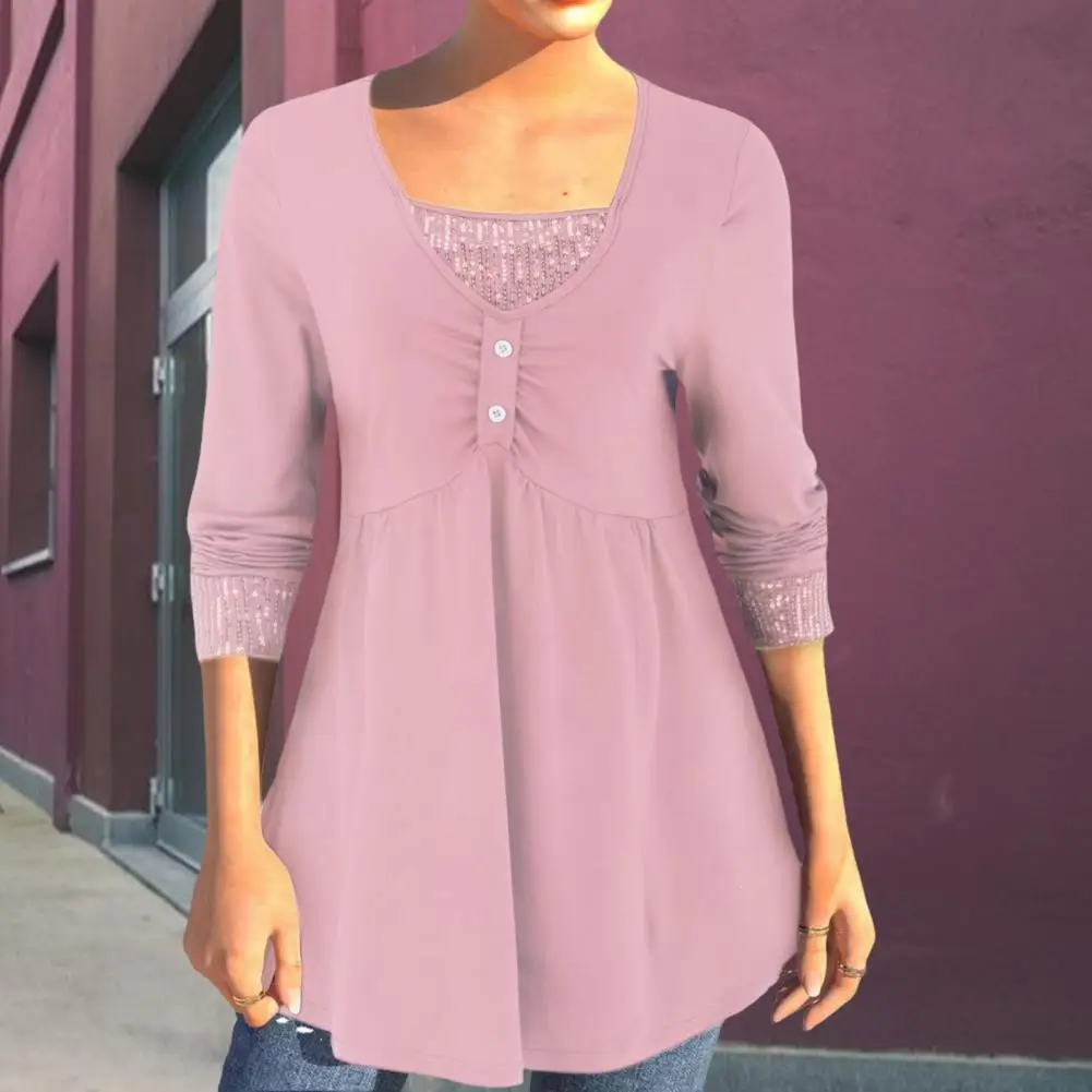 

Long Sleeve Top Sequin Patchwork Square Neck Women's Blouse With A-line Hem Bead Decor Soft Stretchy Women Top