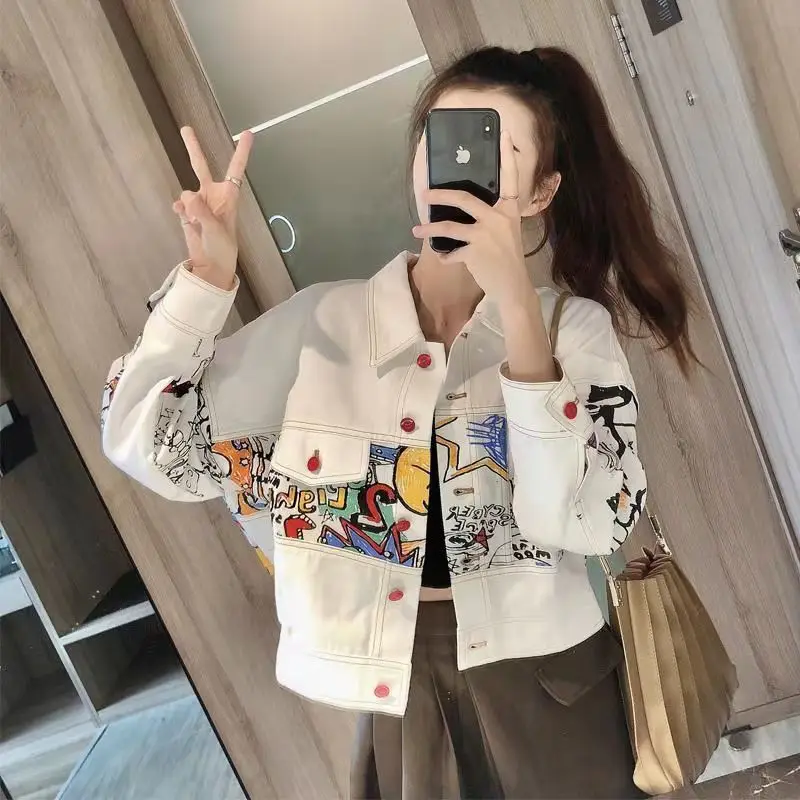 

Женская короткая джинсовая куртка, белая свободная универсальная куртка с лацканами и мультяшным принтом граффити, весна-осень 2019