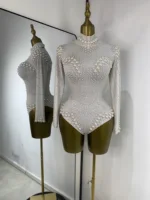 Luxury White Pearls Stretch Leotard Women Nightclub Show Bodysuit Prom Dress Long Sleeve K-Pop Performance Costumes Dropshipping