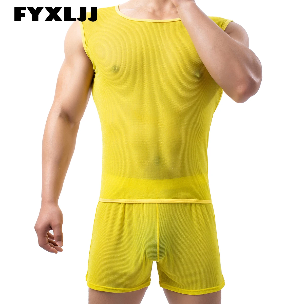 FYXLJJ Men Breathable Sleepwear Sexy Mesh Sheer Transparent Tank Tops Sets Male Gym Fitness Muscle Vest Bodybuilding Clothes Set 29 styles fashion men s polo sets mesh printed 2023 streetwear zipper short sleeve shorts two pieces men casual suit s 3xl