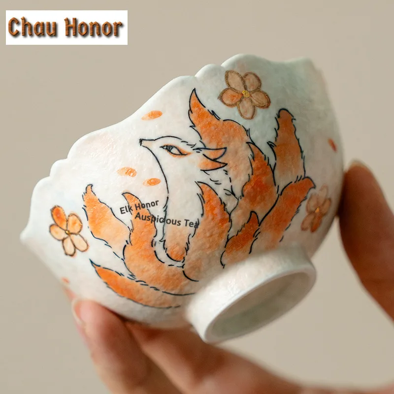 95ml Pure Hand-drawn Nine-tailed Fox Teacup Vintage Tea Bowl Cute Cup Tea-tasting Smelling Cup Jianzhan Master Cups Drinkware