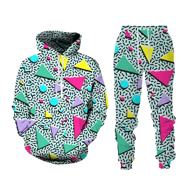 Retro Geometric 3D Printed Hoodie Pant Sets for Men