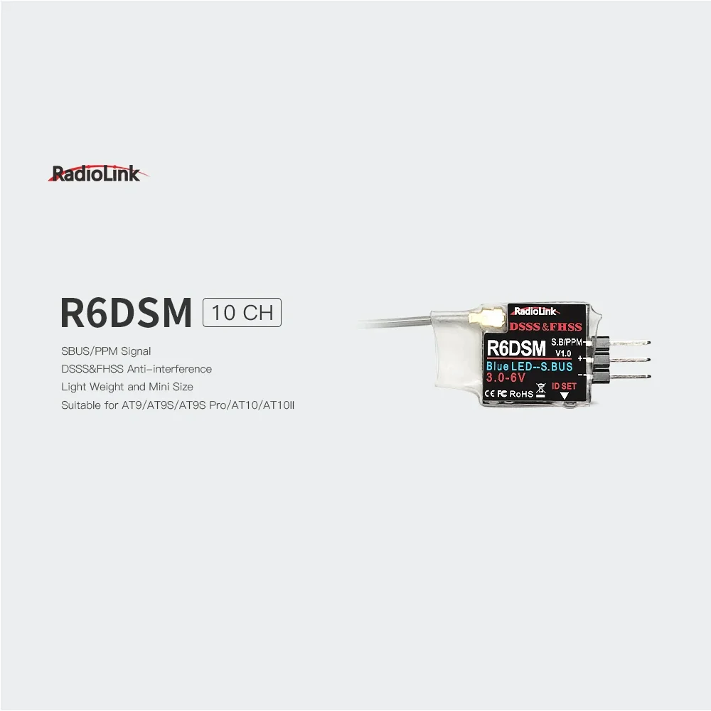 Radiolink R6DSM 2.4G 10CH RC Transmitter Receiver Mini Size SBUS/PWM Suitable for Racing Drones Compatible for AT9S/AT10/AT10II