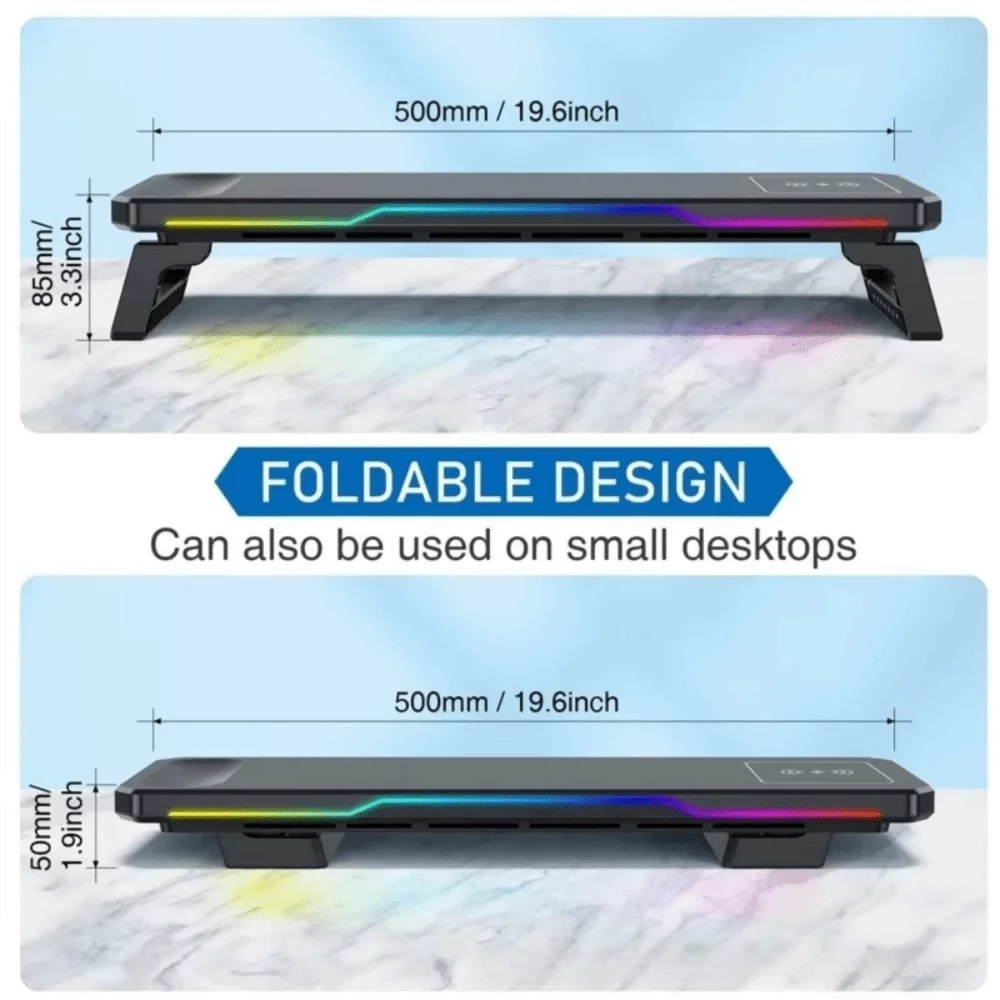 3개의 USB 2.0 포트가 있는 PC 모니터 스탠드, RGB 조명, 무선 충전, 노트북 모니터 홀더, 인체공학적 타입-C 노트북 수납 랙