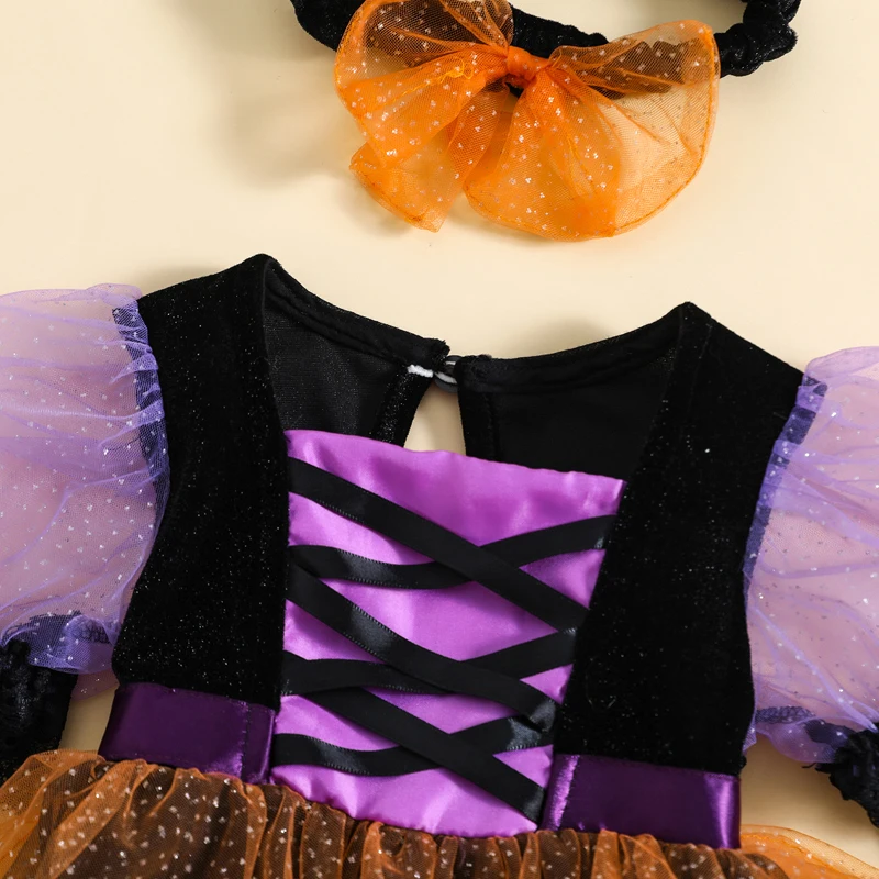 Baby Girl Dress Newborn Baby Girl Halloween Witch Costume Outfit Puff Sleeve Tulle Patchwork Romper Dress with Headband Halloween Clothes girls dress baby jumpsuit baby girl dress