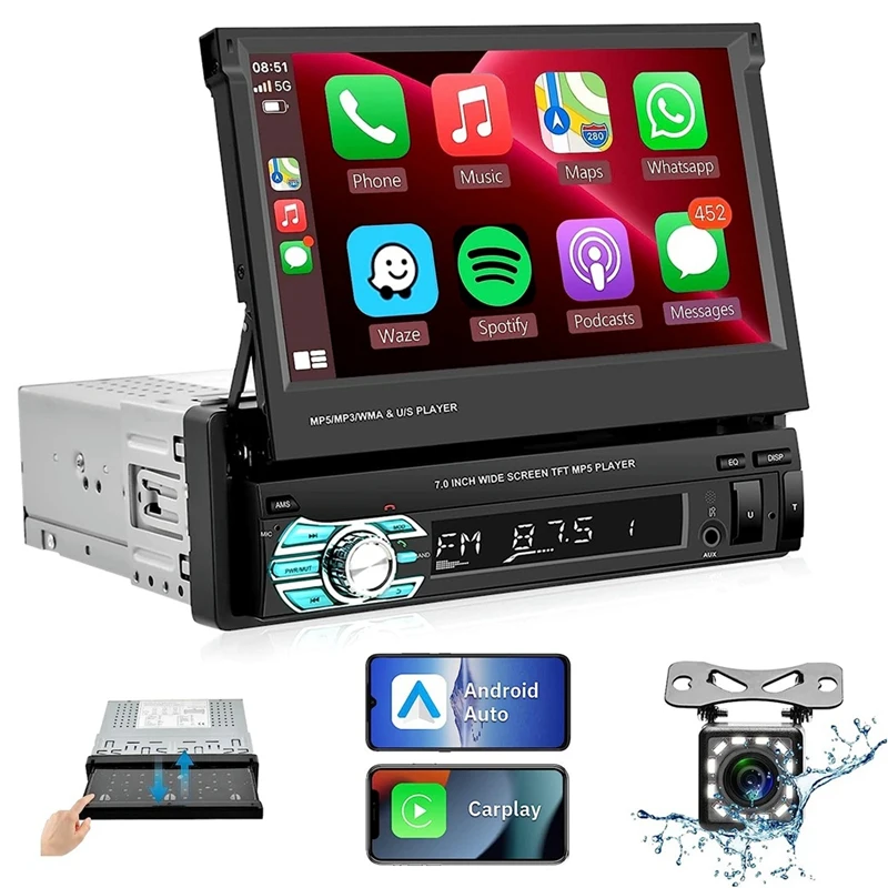 7 Inch Manual Flip Car Stereo Carplay Android Auto Single Din HD Touchscreen Radio FM Bluetooth Mirror Link Rear Camera