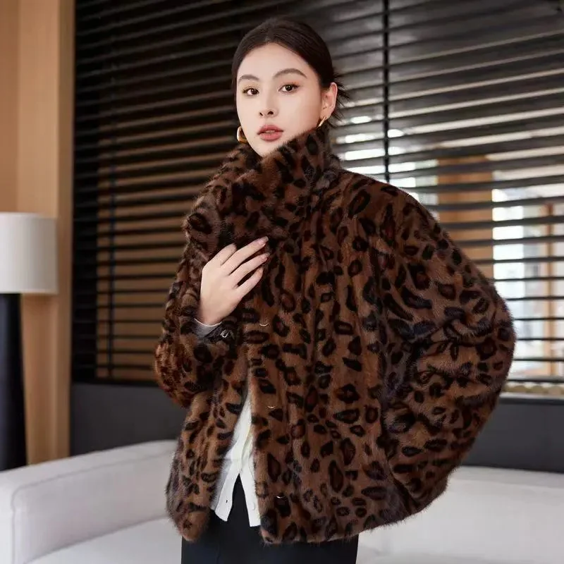 Mink Fur Coat For Women 2025 New Fashion Leopard Print Jacket Short High-Quality Mink Fur High-End Imitation Fur Jacket Zipper