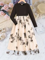 Une robe décontractée et à la mode à manches longues avec un motif papillon et un patchwork en tulle pour le printemps et l'automne 1