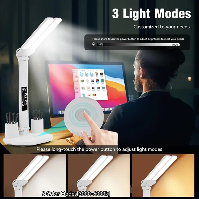 LED horloge lampe de Table USB rechargeable tactile lampes de bureau 2 têtes 180 rotation pliable Protection des yeux bureau lecture veilleuses 3