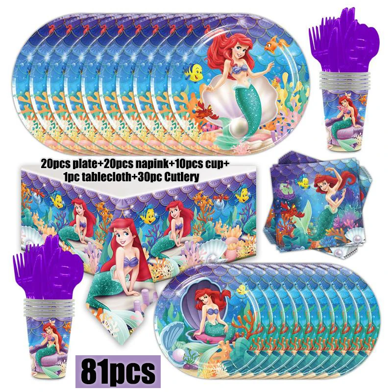 thumbnail image 1 of Decoración para fiesta de cumpleaños de La Sirenita, Princesa Ariel, servilletas de papel, platos, vasos, manteles, globos, suministros para baby shower para niños, 1 of 4