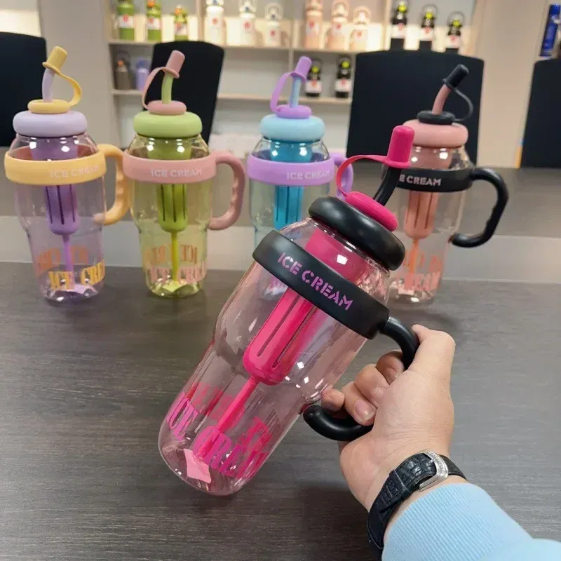 2pcs Large capacity plastic straw water bottles with scale markings for outdoor sports and fitness in the summer of 2025