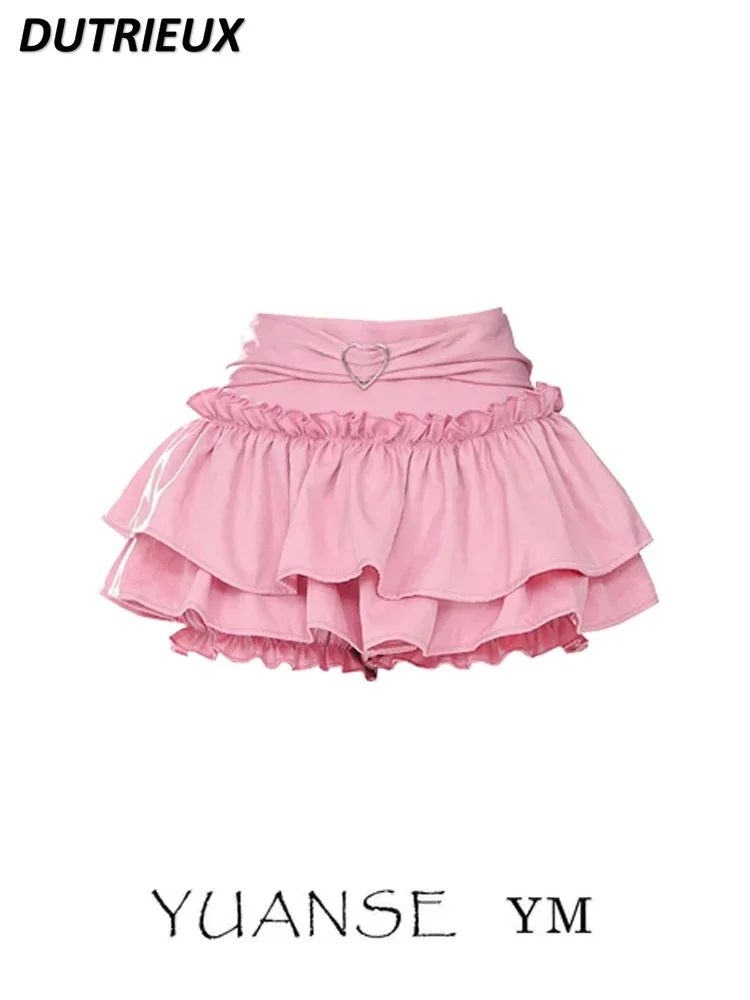 Summer Sweet Pure Color Short Skirt Female with Hearts Wooden Ear Pettiskirt Slim Fit Figure Flattering Tiered Short Skirts