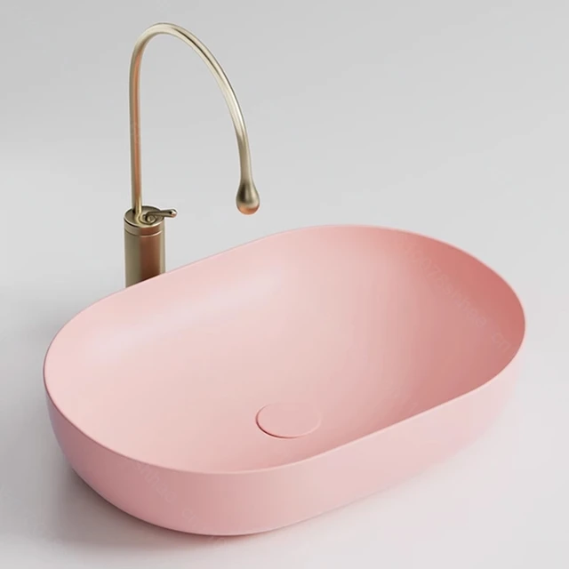 อ่างล้างหน้าเซรามิกทันสมัย สีชมพู อ่างล้างหน้าแบบตั้งบนเคาน์เตอร์ พร้อมอุปกรณ์ระบายน้ำ 6