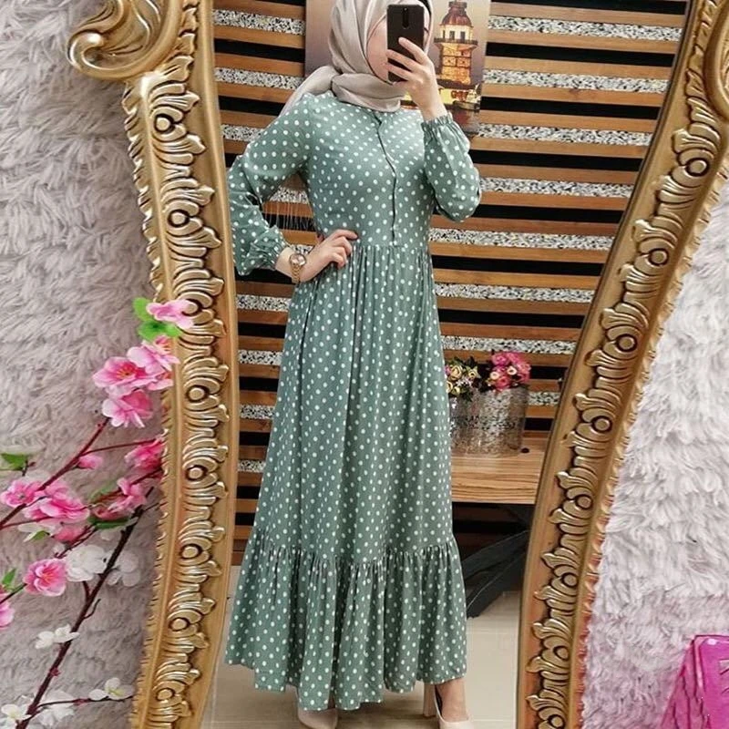 WEPBEL Women Abaya Vintage Muslim Dress Dot Print Casual Full Sleeve New Fashion Summer O Neck Ruffles Arabic Dresses
