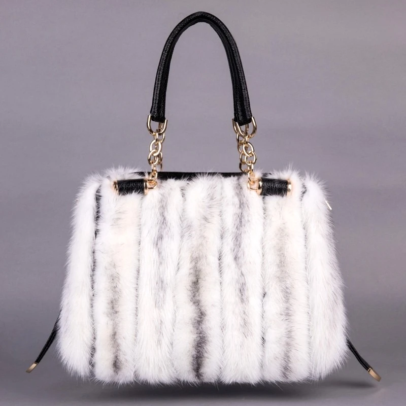

Winter Fashion Fur Shoulder Bag Natural Luxury Mink Fur Tote Real Covskin Shoulder Strap Large Capacity Fur Dinner Bag