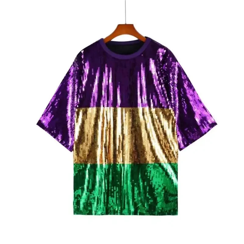 

2024 Summer New Sequin Color Blocking Baseball Football Game Female Tops Women Jersey Dress