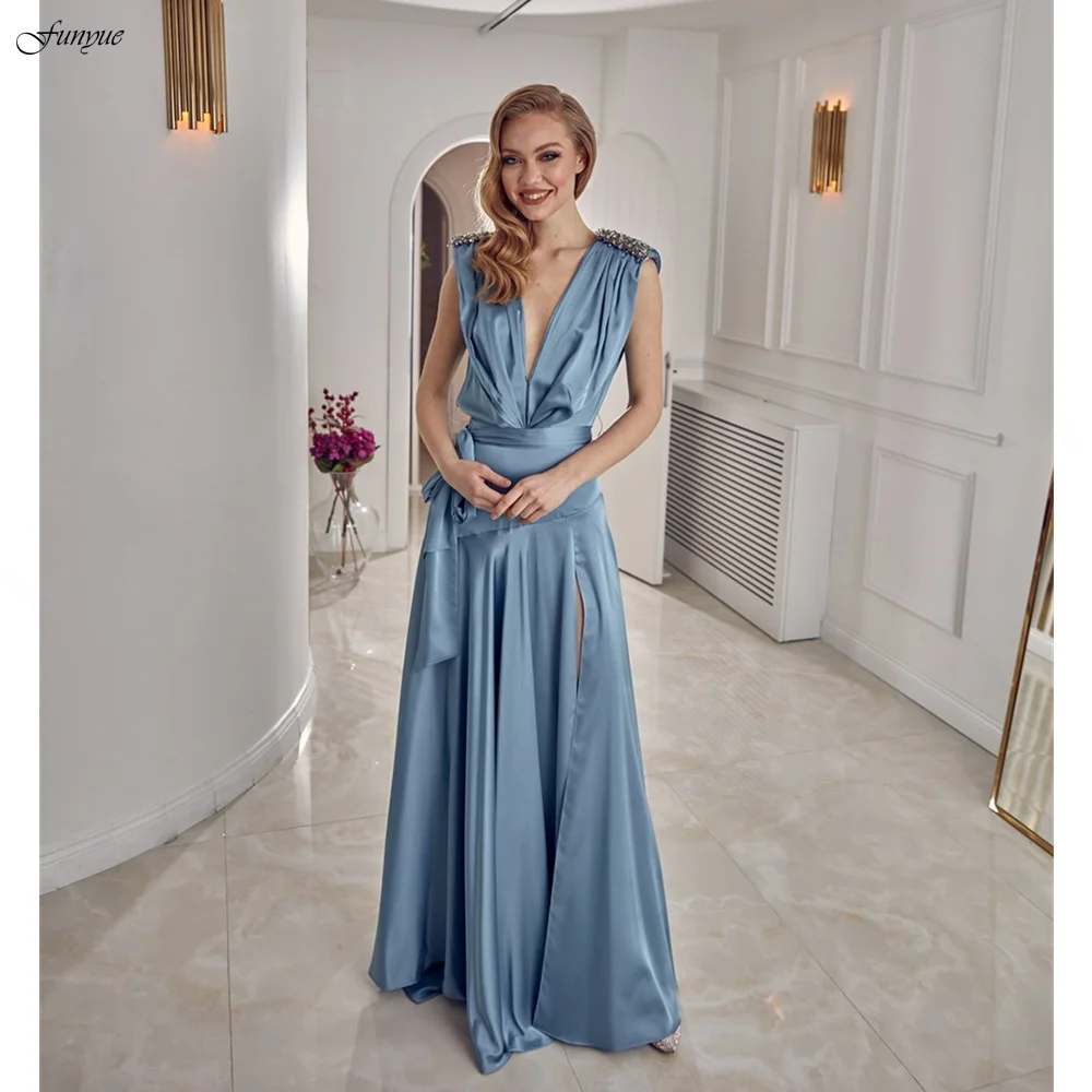 

Funyue 2022 Sexy Satin Custom Color A-Line Evening Party Dresses Long V-Neck High Split Spaghetti Strap Sleeveless Prom Gowns