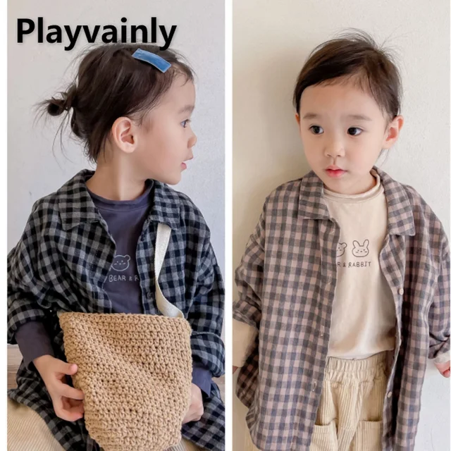 Korean Style Kid Girl Shirts Brushed Lapel Plaid Long Sleeve Shirt