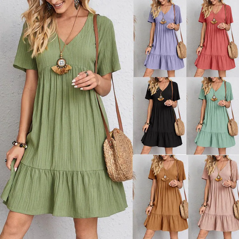 

2023 Fashion Solid Women's Dress Casual V Neck Short Sleeve Summer Lady Streetwear Dresses