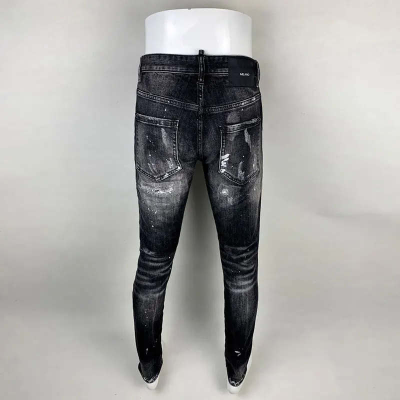 High Street Fashion Men Jeans Retro Black Gray Stretch Slim Fit Ripped Jeans Men Painted Designer Hip Hop Brand Pants Hombre