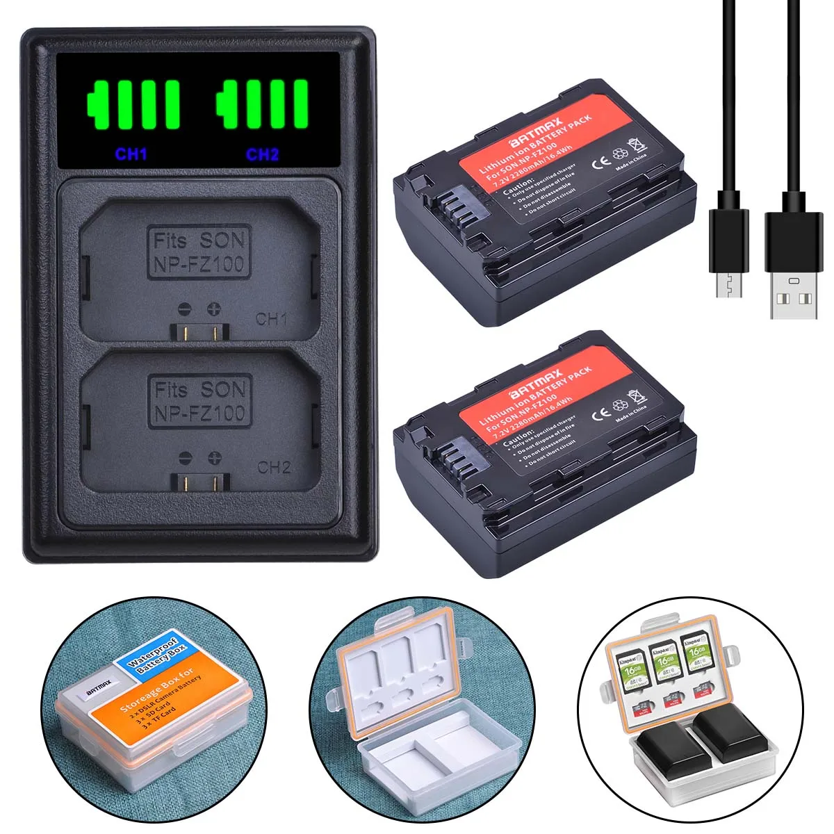 Batmax 2 Pz Np-Fz100 Fz100 Batteria + Led Doppio Caricatore Con Porta Di Tipo C Per Sony Bc-Qz1 Alpha A7Iii A7R Iii A9 Alpha 9 A7R3 A6600