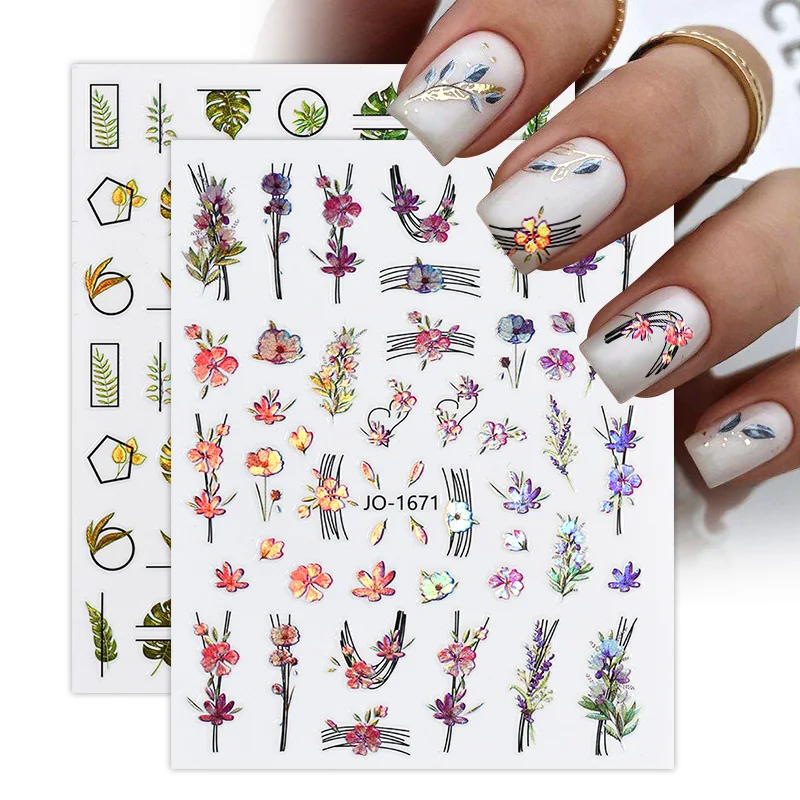 1PC Palm Flowers Leaves 3D Nail Stickers Self-Adhesive Nail Art Decorations Geometry Leaf Decals