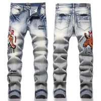 Vintage Blue Street Trendy Tiger Head Embroidery Elastic Jeans For Young Men Casual Style Cross-border European Goods