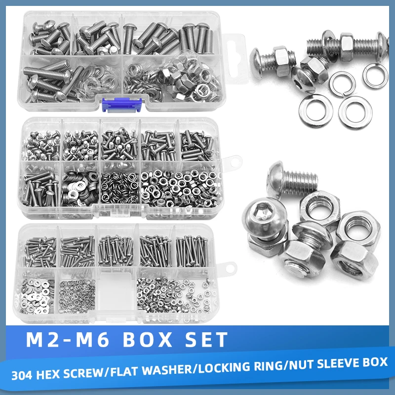 304 Stainless Steel Round Head Hex Socket Screw Kit with Nut Flat & Spring Washers M2-M6 Assortment Set for Machinery, Furniture