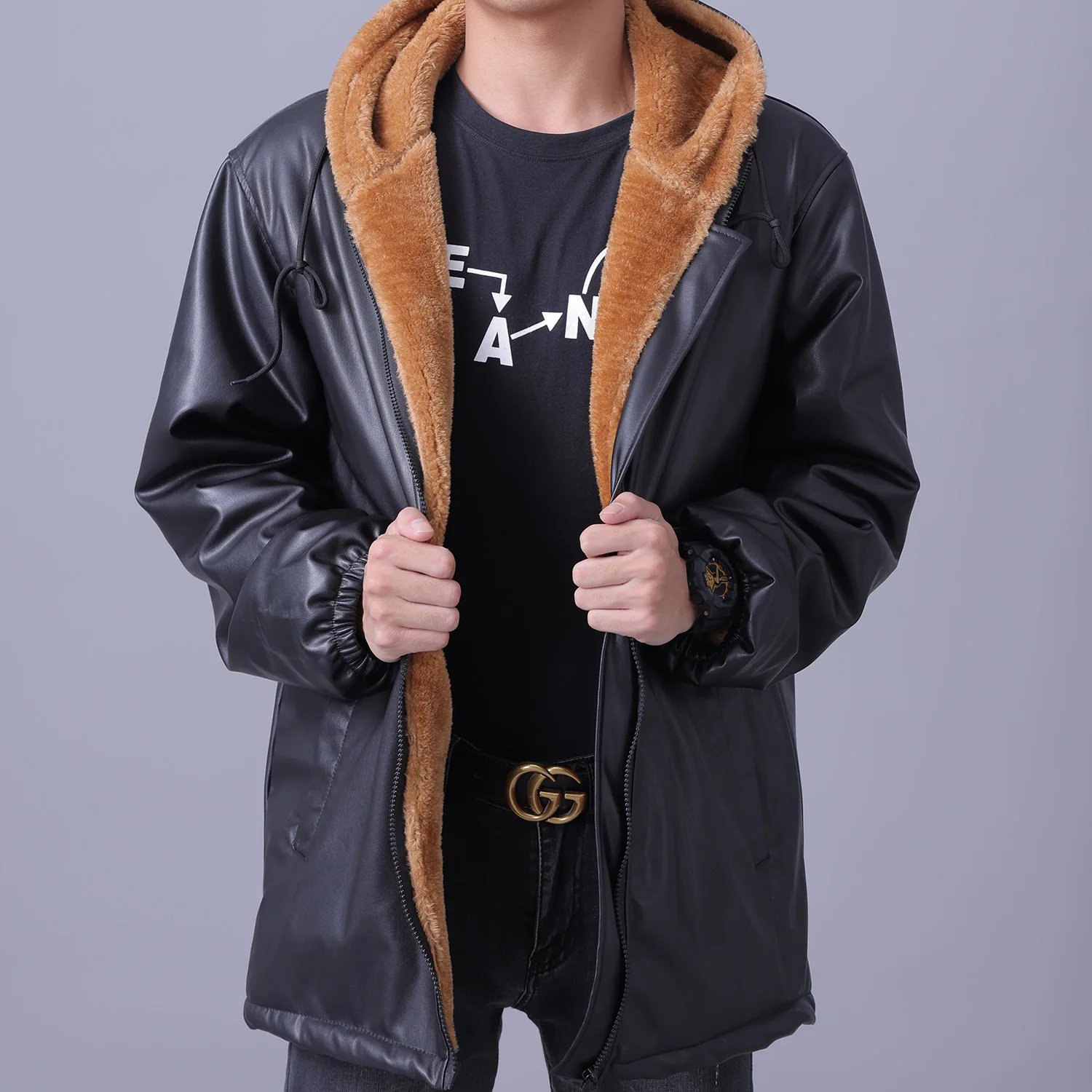 

Winter Plus Velvet Thick Black Leather Jacket Artificial Fur Brand Clothes Windproof Warm Coat Men Zip-up Hooded PU Work Suit
