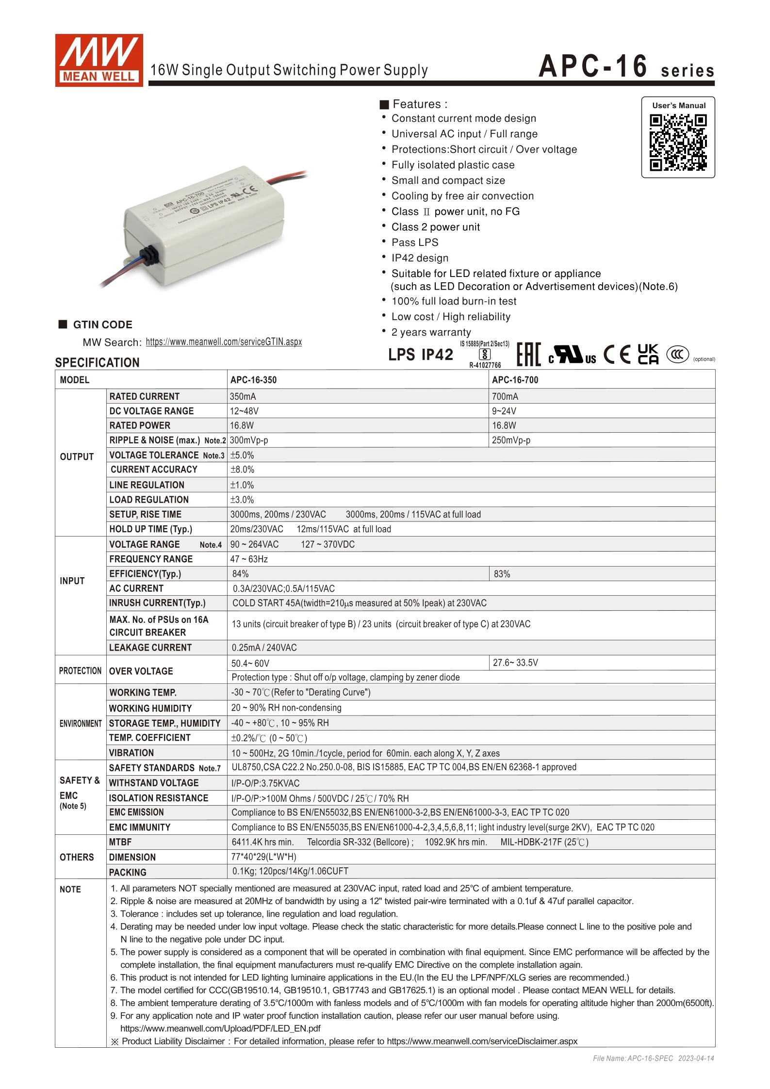 MEAN WELL APC-16 APC-16-350 APC-16-700 단일 출력 정전류 스위칭 전원 공급 장치