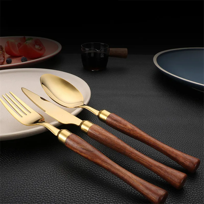 Stainless Steel Golden Tableware with Wooden Handle Western Cutlery Steak Knife Fork Spoons Teaspoons Home Kitchen Utensils