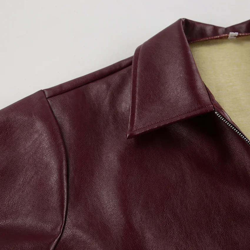 Angola Red Leather Jacket Zip Motorbike Jackets Bomber Jacket Fashion Outerwear Autumn Winter Tops Women Clothes Coat Streetwear