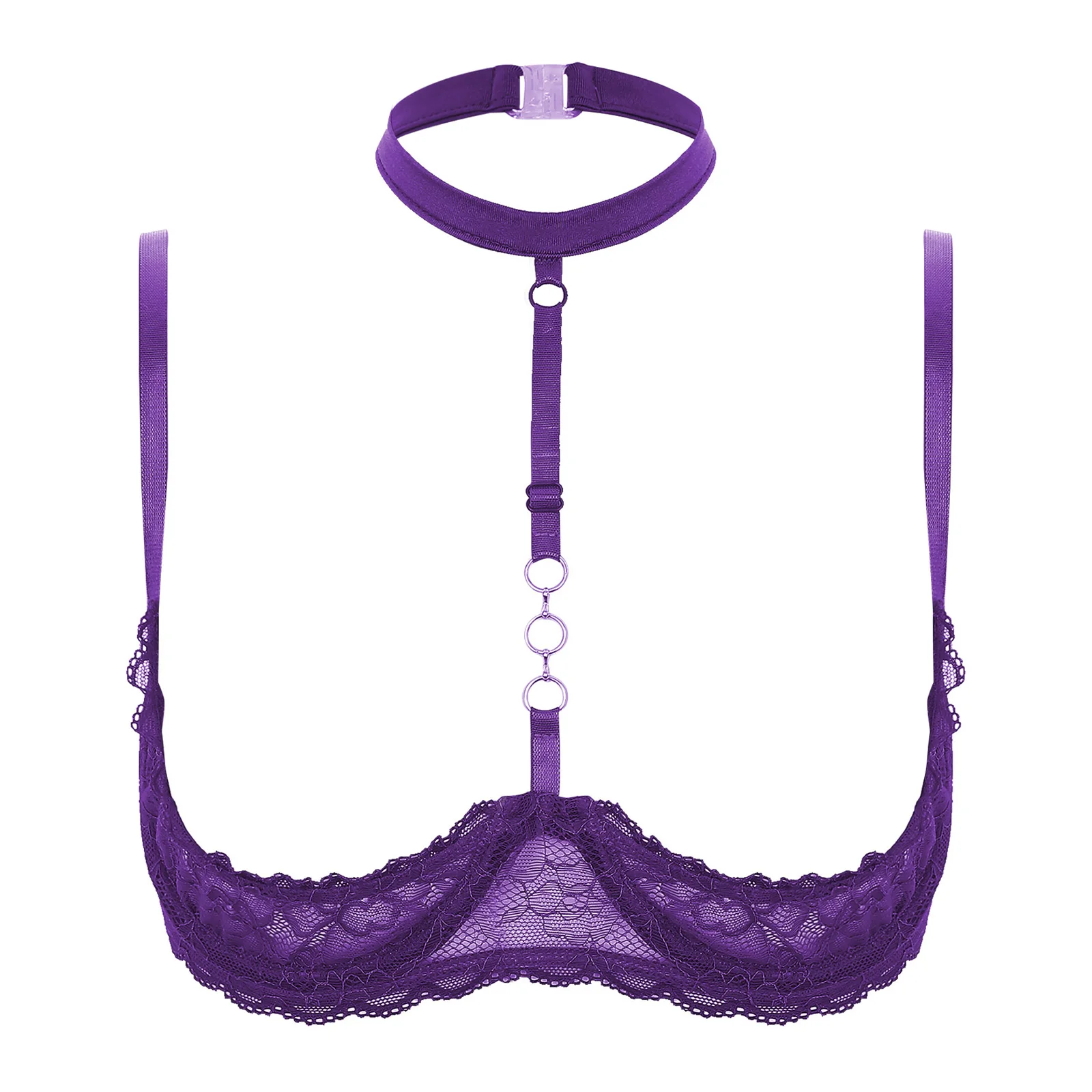 Damskie 1/4 Miseczki Biustonosz Z Fiszbinami Halter Neck O Ring Przezroczysta Koronka Biustonosz Push-Up Bielizna Z Odkrytymi Piersiami Biustonosz Bie