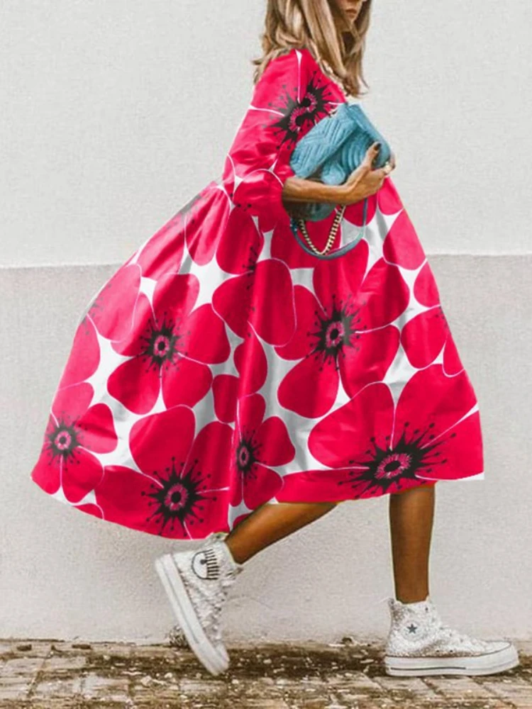 

Women's 2023 Fashion Y2k Casual Round Neck Loose and Slim Printing 3/4 Sleeve Mid Length Beach Resort Dress Vintage Dress