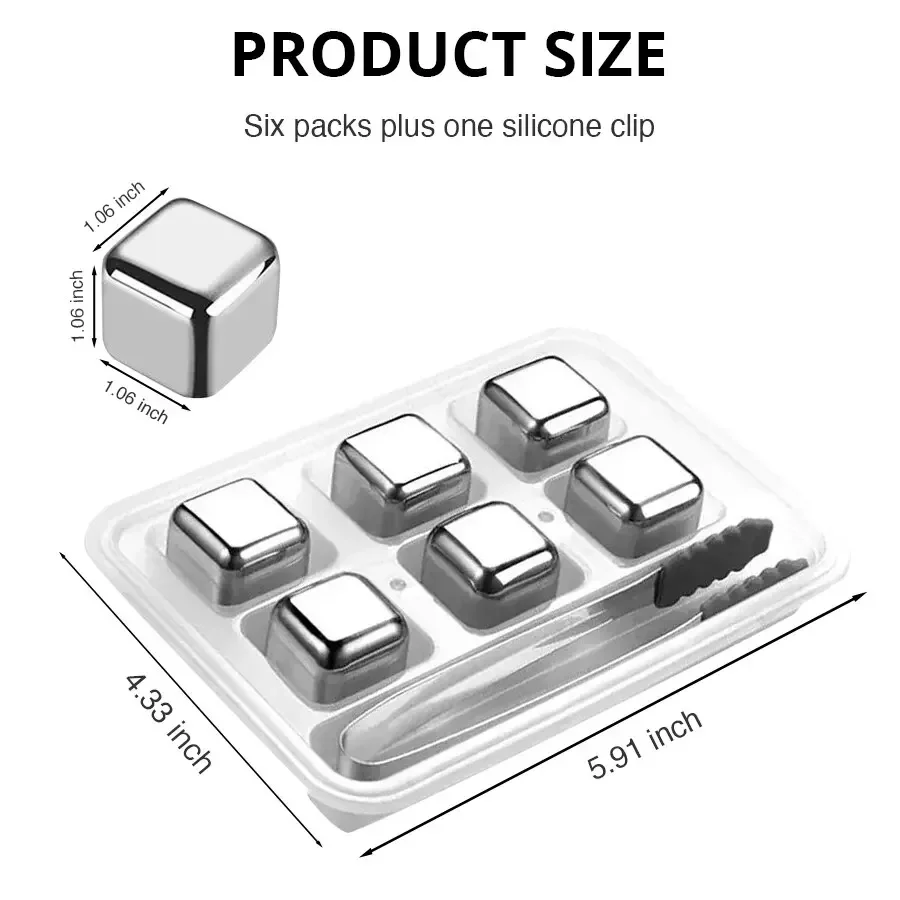 4/6/8 Piece Food-Grade Stainless Steel Ice Cubes Whiskey Stainless Steel  Ice Cubes Set with Silicone Tongs and Ice Cube Trays