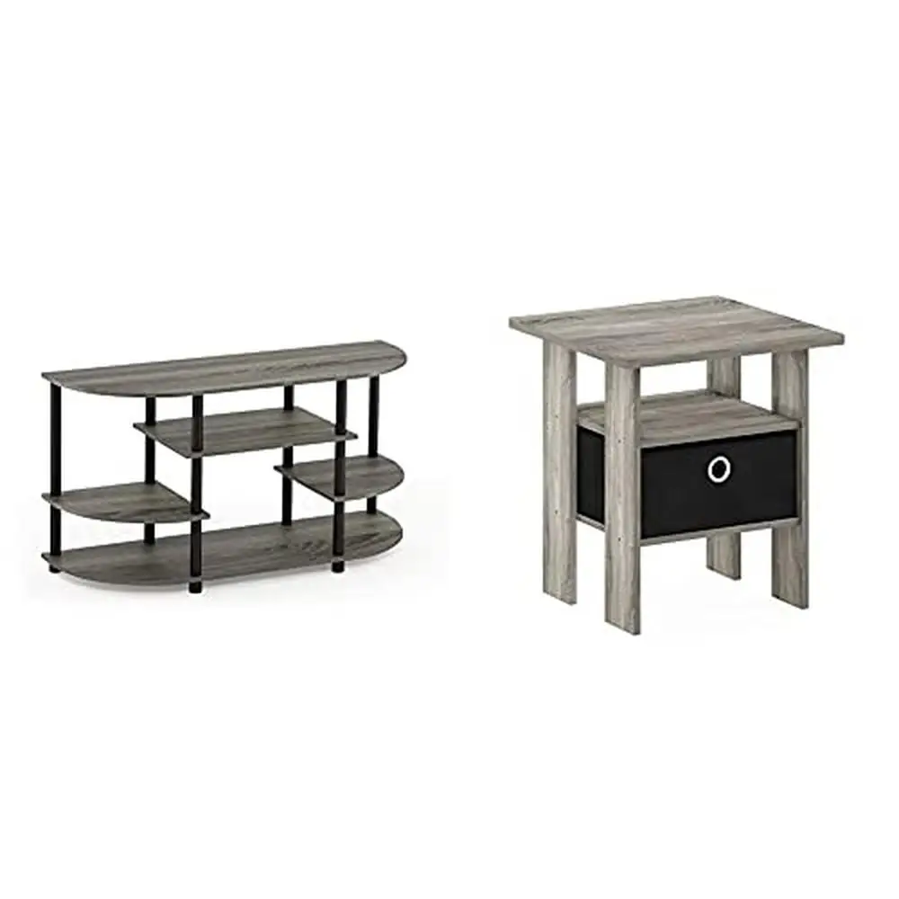 

Corner TV Stand with End Table Fabric Bin Drawer Durable Engineered Wood Construction Simple Design Fits TVs up to 46" Compact