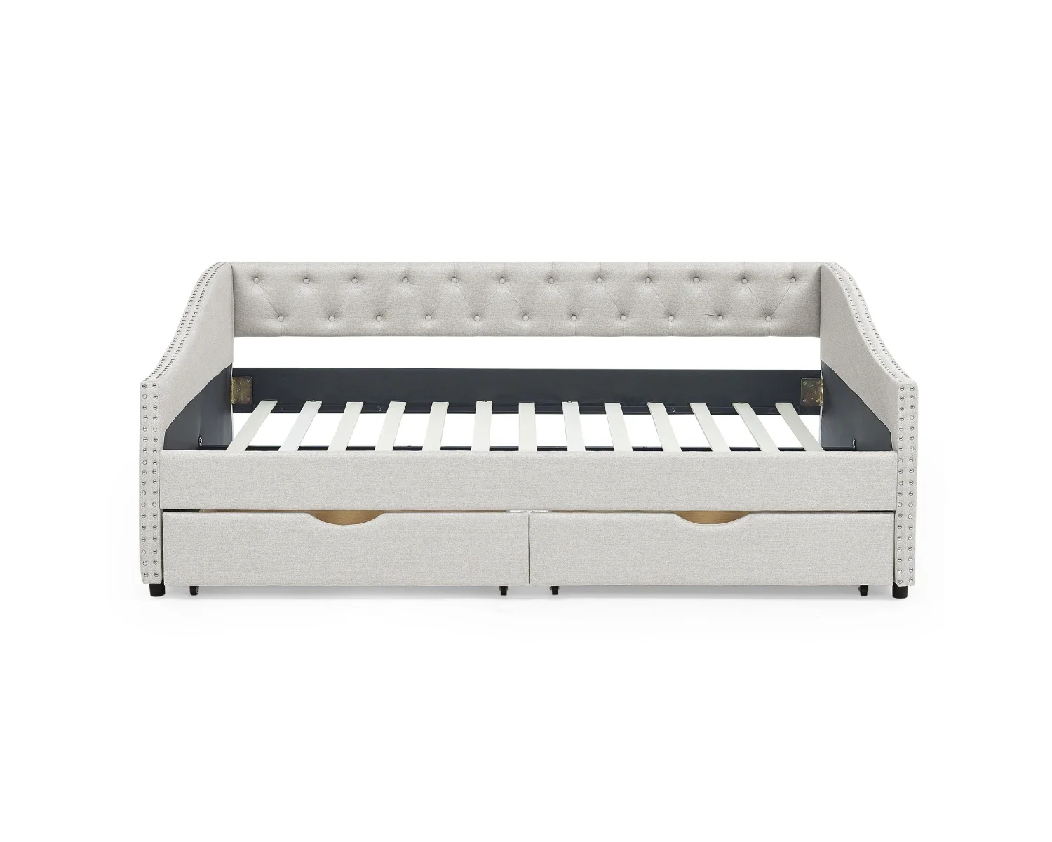 

Full Size Daybed with Drawers Upholstered Tufted Sofa Bed, with Button on Back and Copper Nail on Waved Shape Arms，Beige