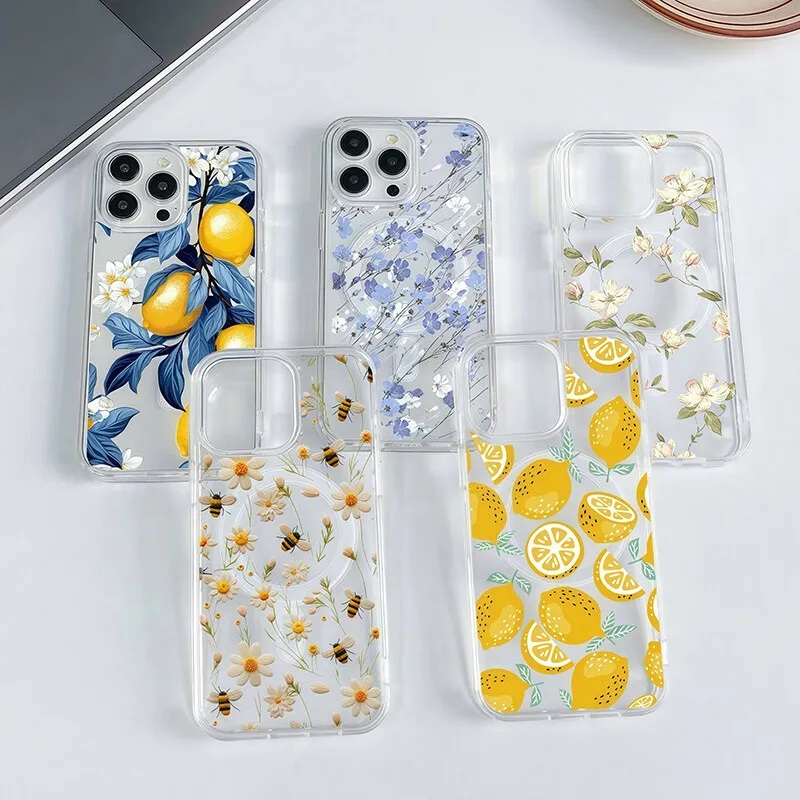 Summer Fruit Lemon Wireless Charger Phone Case with Floral Design