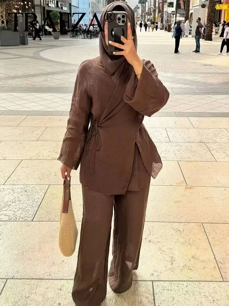 TRAFZA Pajama Style Pants Sets Women Fashion Kimono Style Lace Up Shirt Top Elastic Waist Trousers Women's Casual Outfits TRAF