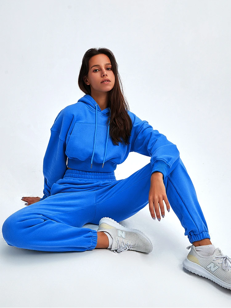 Women Solid Bright Colors Athflow Style Crop Hoodie Two Piece Suit Fashion Athleisure Bare Midriff Sweatshirt Pant Outfits Set plus size suit sets