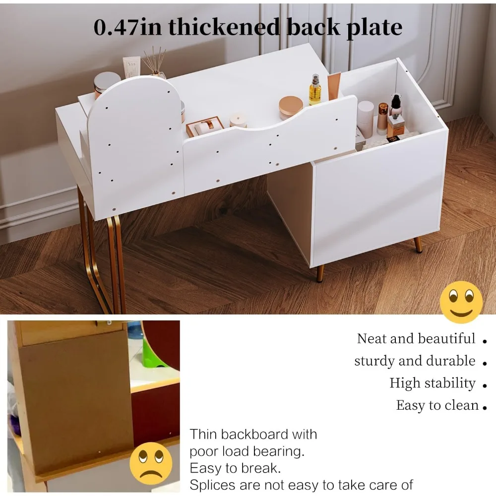 White,Vanity Desk with Mirror and Lights,Small Makeup Vanity with 2 Spacious Drawers,Modern Makeup Table with Adjustable Cabinet